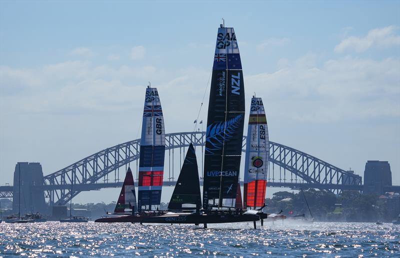 Great Britain SailGP TeamNew Zealand SailGP Team and Spain SailGP Team  in action on Race Day 1. Australia Sail Grand Prix photo copyright Bob Martin/SailGP taken at Woollahra Sailing Club and featuring the F50 class