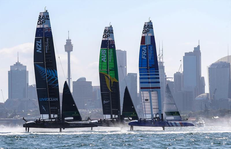 New Zealand SailGP Team , Australia SailGP Team and France SailGP Team  in action on Race Day 1. Australia Sail Grand Prix  photo copyright Brett Costello/SailGP taken at Woollahra Sailing Club and featuring the F50 class