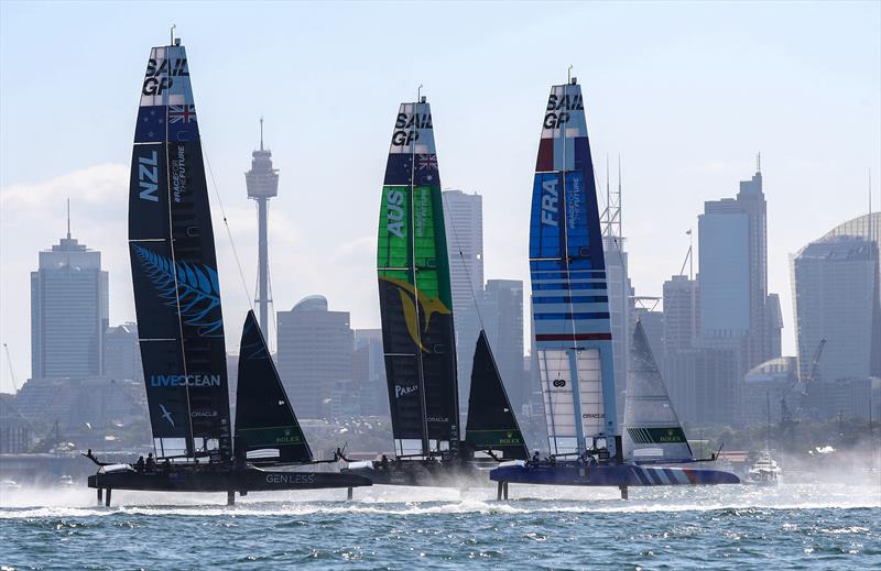 New Zealand SailGP Team , Australia SailGP Team and France SailGP Team  in action on Race Day 1. Australia Sail Grand Prix  - photo © Brett Costello/SailGP