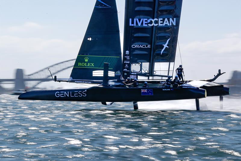 New Zealand SailGP Team co-helmed by Peter Burling and Blair Tuke warm-up ahead of racing on Race Day 1. Australia Sail Grand Prix  photo copyright Phil Hilyard/SailGP taken at Woollahra Sailing Club and featuring the F50 class