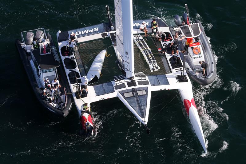 The Japan SailGP Team helmed by Nathan Outterridge shows damage to the bow after a collision with Great Britain SailGP Team photo copyright David Gray/SailGP taken at Woollahra Sailing Club and featuring the F50 class