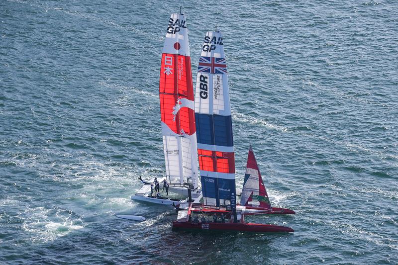 Great Britain SailGP Team pulls up alongside the Japan SailGP Team F50 catamaran after the two collided before the start of Race 3 photo copyright David Gray for SailGP taken at  and featuring the F50 class