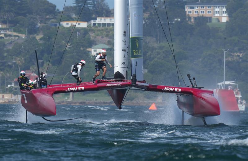 Japan SailGP Team helmed by Nathan Outteridge in action on a hybrid boat comprised of the Great Britain hull and the Japan teams 24 metre windsail and hydrofoils.  - photo © Bob Martin/GP