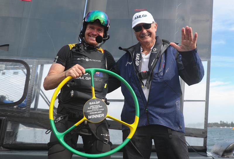 John Bertrand presents Tom Slingsby, CEO and driver of Australia SailGP Team with the winning trophy in the Australia Sail Grand Prix presented by KPMG photo copyright Brett Costello/SailGP taken at Woollahra Sailing Club and featuring the F50 class