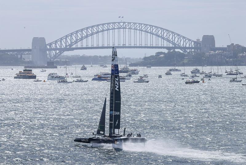 New Zealand SailGP Team co-helmed by Peter Burling and Blair Tuke sails in front of Sydney Harbour Bridge on Race Day 2. Australia Sail Grand Prix - photo © David Gray/SailGP