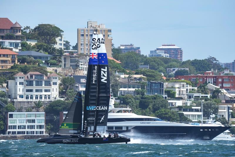 New Zealand SailGP Team co-helmed by Peter Burling and Blair Tuke in action during a practice session on Race Day 2. Australia Sail Grand Prix - photo © Bob Martin/SailGP
