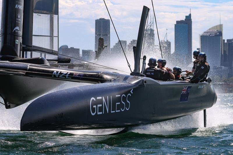New Zealand SailGP Team co-helmed by Peter Burling and Blair Tuke in action during a practice session ahead of Australia Sail Grand Prix  photo copyright David Gray/SailGP taken at Woollahra Sailing Club and featuring the F50 class