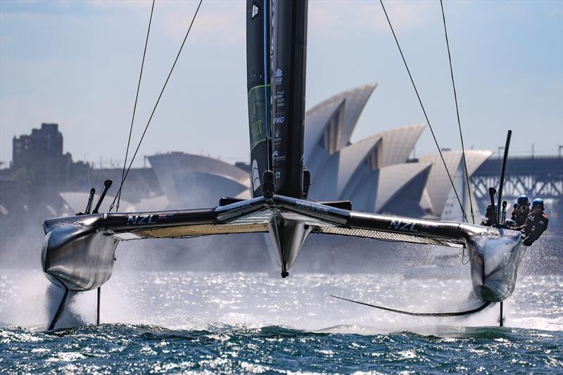 New Zealand SailGP Team co-helmed by Peter Burling and Blair Tuke sail away from Sydney Opera House during a practice session ahead of Australia Sail Grand Prix photo copyright David Gray/SailGP taken at Woollahra Sailing Club and featuring the F50 class