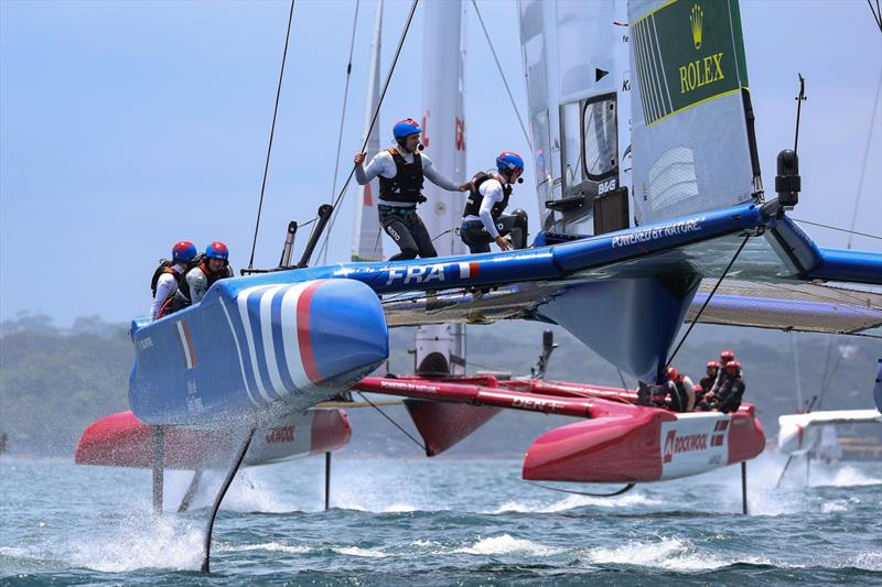 France SailGP Team helmed by Quentin Delapierre and Denmark SailGP Team helmed by Nicolai Sehested in action during the practice fleet races ahead of Australia Sail Grand Prix - photo © Phil Hilyard/SailGP