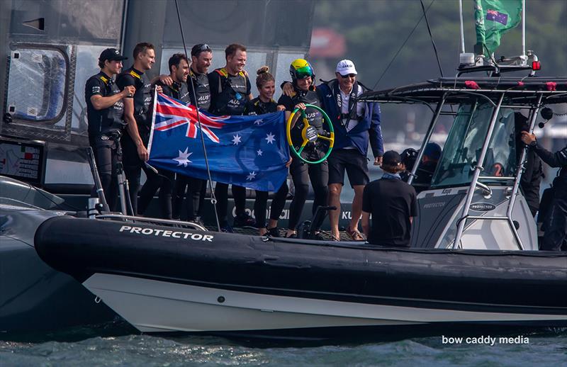 John Bertrand AO presents Australia SailGP Team with the winner's trophy photo copyright Bow Caddy Media taken at  and featuring the F50 class