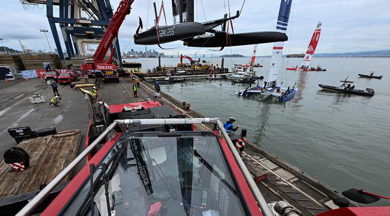 The New Zealand SailGP Team F50 catamaran is craned onto the water in the technical area prior to a practice session ahead of the San Francisco SailGP, Season 2 in San Francisco, USA. - photo © Ricardo Pinto/SailGP