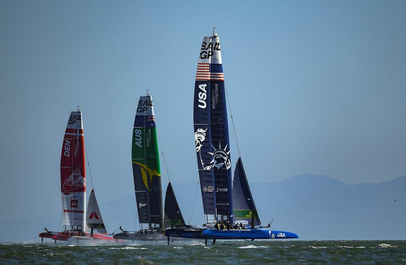 USA SailGP Team helmed by Jimmy Spithill sails alongside Australia SailGP Team helmed by Tom Slingsby and Denmark SailGP Team presented by ROCKWOOL helmed by Nicolai Sehested ahead of San Francisco SailGP, Season 2 in San Francisco, USA - photo © Ricardo Pinto for SailGP