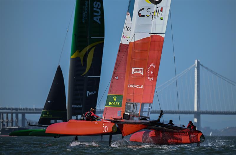 Spain SailGP Team co-helmed by Florian Trittel and Jordi Xammar and Australia SailGP Team helmed by Tom Slingsby sail toward the Oakland Bay Bridge during a practice session ahead of San Francisco SailGP, Season 2 in San Francisco, USA photo copyright Ricardo Pinto for SailGP taken at  and featuring the F50 class