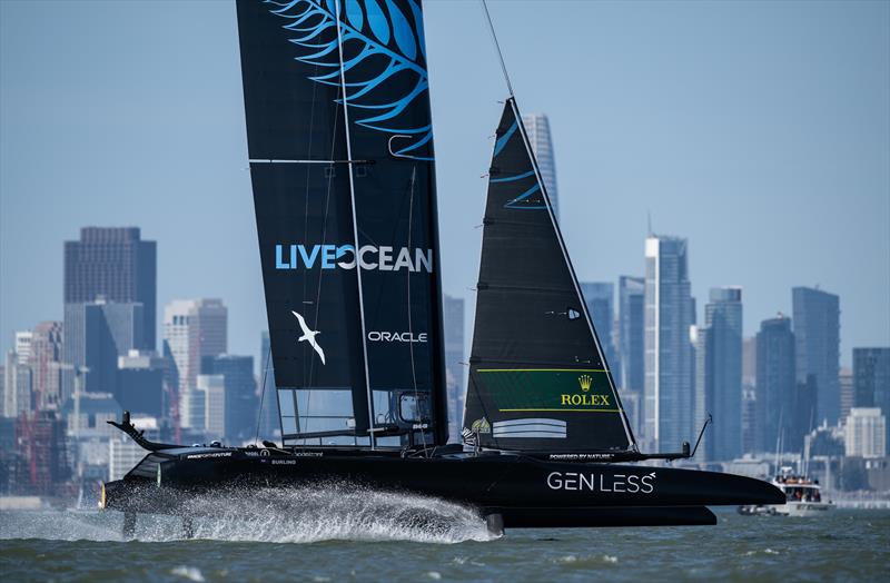 New Zealand SailGP Team co-helmed by Peter Burling and Blair Tuke sail past the San Francisco skyline during a practice session ahead of San Francisco SailGP, Season 2 in San Francisco, USA - photo © Ricardo Pinto for SailGP