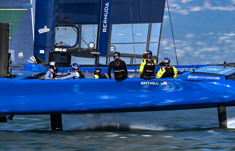 USA SailGP Team helmed by Jimmy Spithill are joined by a VIP guest acting as a sixth sailor during a practice session ahead of San Francisco SailGP, Season 2 in San Francisco, USA - photo © Ricardo Pinto for SailGP