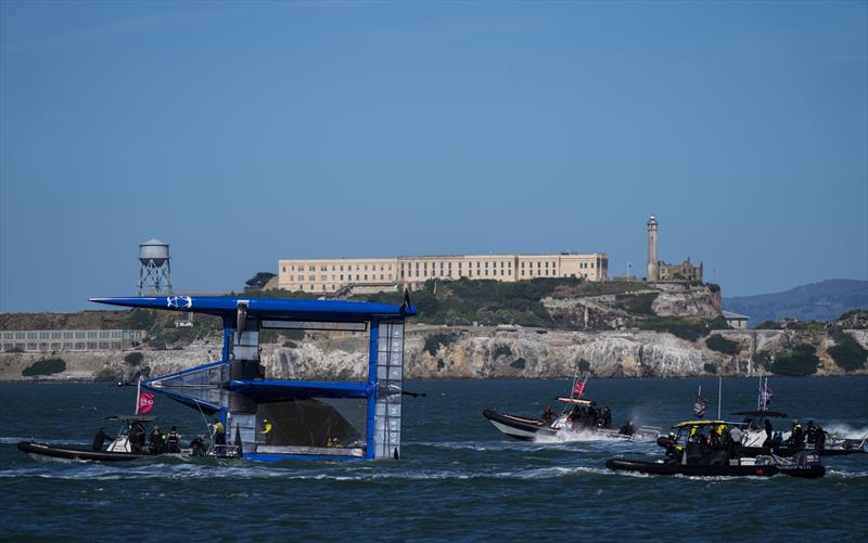 USA SailGP Team helmed by Jimmy Spithill capsize as they sail past Alcatraz Island during a practice session ahead of San Francisco SailGP, Season 2 - 21st March photo copyright Bob Martin/SailGP taken at San Francisco Yacht Club and featuring the F50 class