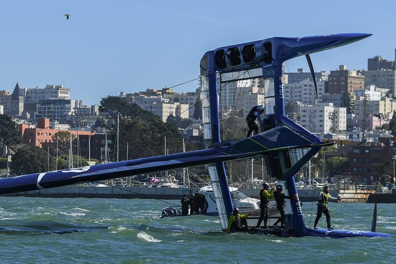 USA SailGP Team helmed by Jimmy Spithill capsize as they sail past Alcatraz Island during a practice session ahead of San Francisco SailGP, Season 2 - 21st March photo copyright Ricardo Pinto/SailGP taken at San Francisco Yacht Club and featuring the F50 class