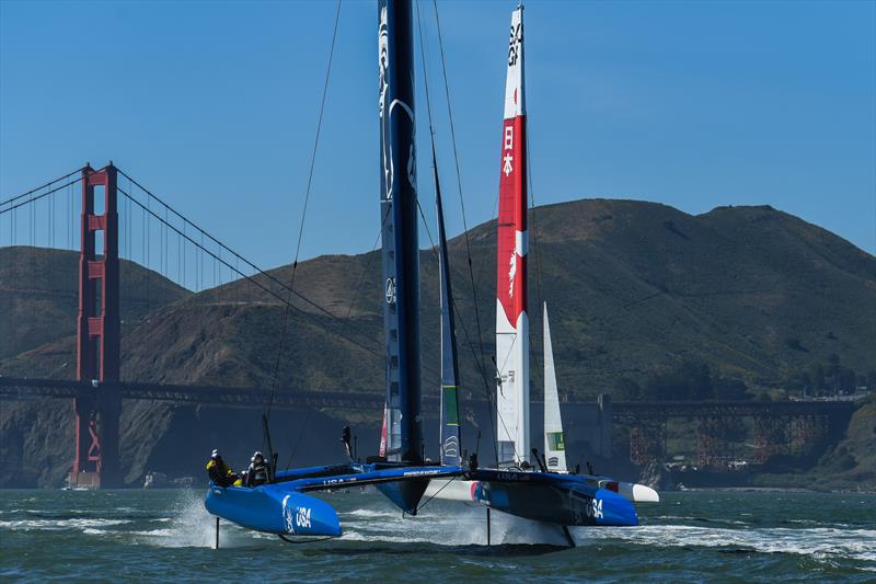 USA SailGP Team helmed by Jimmy Spithill leads Japan SailGP Team helmed by Nathan Outterridge during a practice session ahead of San Francisco SailGP, Season 2  photo copyright Bob Martin/SailGP taken at San Francisco Yacht Club and featuring the F50 class