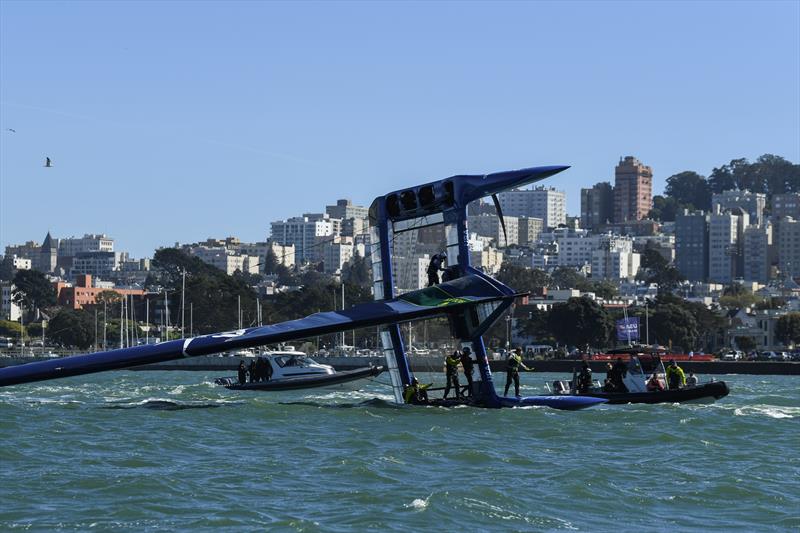 USA SailGP Team helmed by Jimmy Spithill capsize as they sail past Alcatraz Island during a practice session ahead of San Francisco SailGP, Season 2 - 21st March photo copyright Ricardo Pinto/SailGP taken at San Francisco Yacht Club and featuring the F50 class