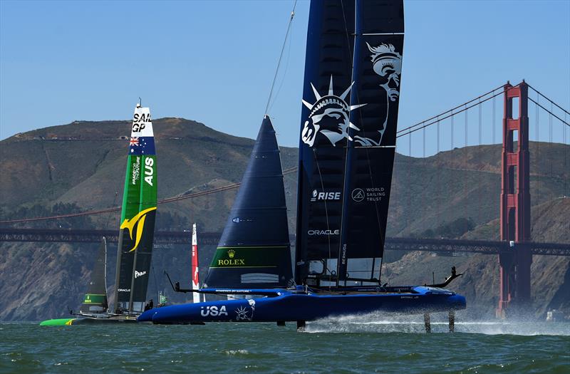 USA SailGP Team helmed by Jimmy Spithill sail alongside the Golden Gate Bridge during a practice session ahead of San Francisco SailGP, Season 2 in San Francisco, USA. 21st March photo copyright Ricardo Pinto/SailGP taken at San Francisco Yacht Club and featuring the F50 class