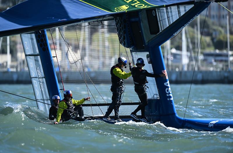 Jimmy Spithill, CEO & driver, and the USA SailGP Team along with Kai Lenny, Red Bull surfer, who joined the USA SailGP Team as a sixth sailor for the day - San Francisco SailGP, Season 2  photo copyright Ricardo Pinto/SailGP taken at San Francisco Yacht Club and featuring the F50 class