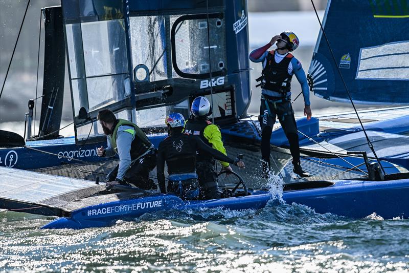 Jimmy Spithill, CEO & driver, and the USA SailGP Team along with Kai Lenny, Red Bull surfer, who joined the USA SailGP Team as a sixth sailor for the day - San Francisco SailGP, Season 2 photo copyright Ricardo Pinto/SailGP taken at San Francisco Yacht Club and featuring the F50 class