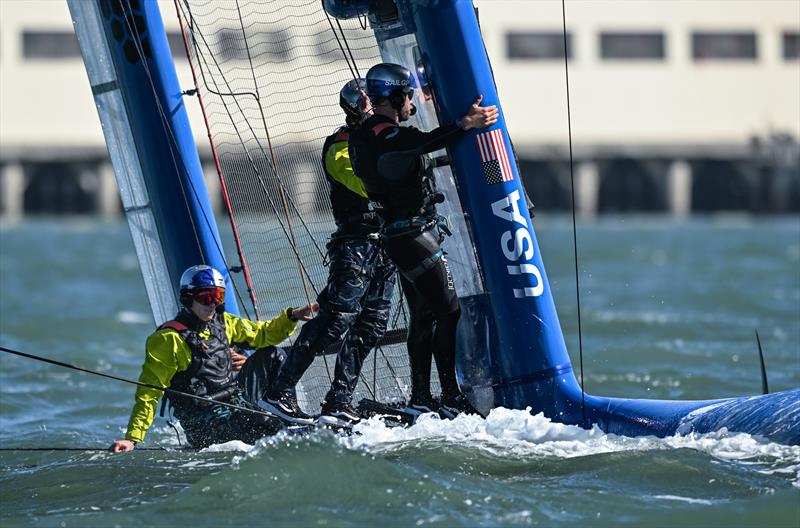 USA SailGP Team helmed by Jimmy Spithill capsize as they sail past Alcatraz Island during a practice session ahead of San Francisco SailGP, Season 2 - 21st March - photo © Ricardo Pinto for SailGP