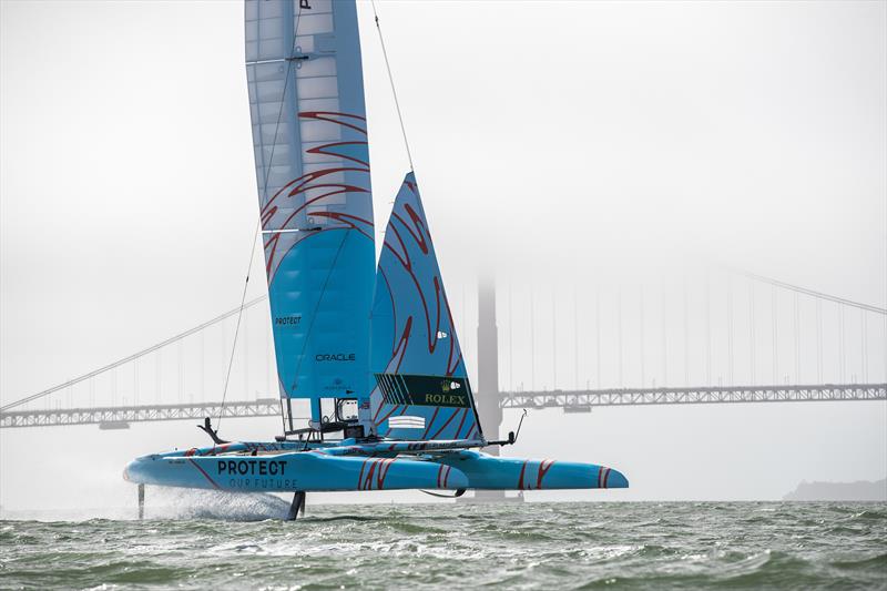 Great Britain SailGP Team helmed by Ben Ainslie in action onboard their newly rebranded F50 catamaran during a practice session ahead of San Francisco SailGP, Season 2 in San Francisco, USA photo copyright C.Gregory / Great Britain SAILGP Team taken at  and featuring the F50 class