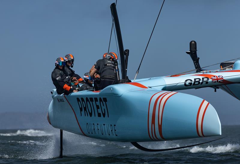 Great Britain SailGP Team helmed by Ben Ainslie in action onboard their newly branded F50 catamaran during a practice session ahead of San Francisco SailGP, Season 2 photo copyright Jed Jacobsohn for SailGP taken at  and featuring the F50 class