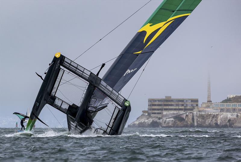 Australia SailGP Team helmed by Tom Slingsby capsize during a practice session ahead of the San Francisco SailGP, Season 2 in San Francisco, USA. 24th March photo copyright Felix Diemer for SailGP taken at San Francisco Yacht Club and featuring the F50 class