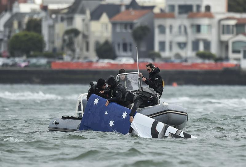 SailGP safety staff retrieve the missing tip of wing of the Australia SailGP Team F50 catamaran following the Australia SailGP Team capsize during a practice session ahead of the San Francisco SailGP, Season 2 in San Francisco, USA. 24th March. - photo © Ricardo Pinto for SailGP