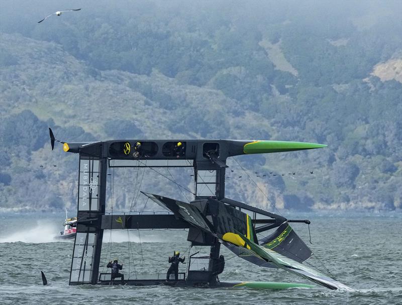 Australia SailGP Team helmed by Tom Slingsby capsize during a practice session ahead of the San Francisco SailGP, Season 2 in San Francisco, USA. 24th March. - photo © Bob Martin for SailGP