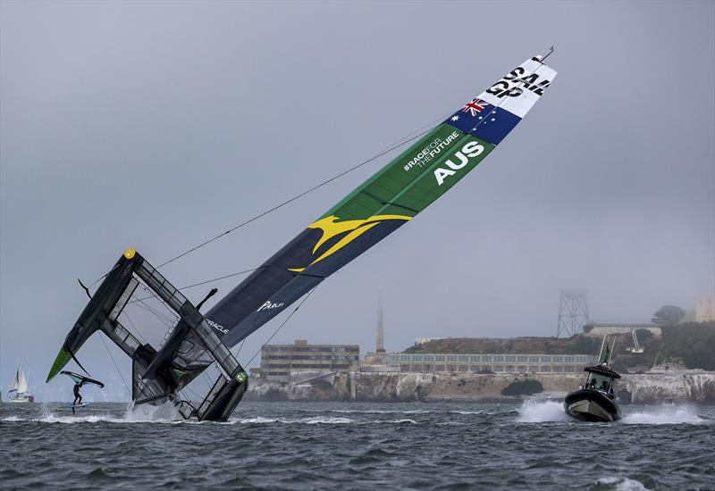 Australia SailGP Team helmed by Tom Slingsby capsize during a practice session ahead of the San Francisco SailGP, Season 2 in San Francisco, USA. 24th March photo copyright Felix Diemer for SailGP taken at San Francisco Yacht Club and featuring the F50 class