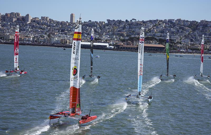 The SailGP F50 catamaran fleet in action on Race Day 1 of San Francisco SailGP, Season 2 in San Francisco, USA - photo © Bob Martin for SailGP