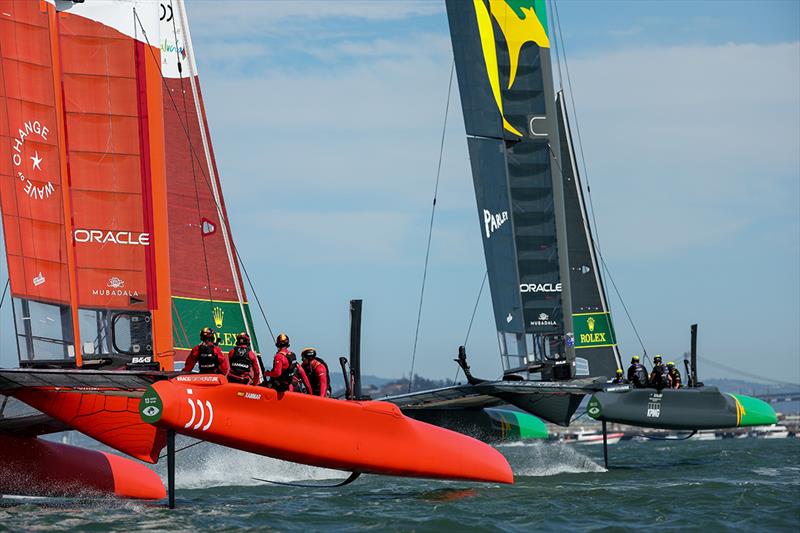 Spain SailGP Team co-helmed by Florian Trittel and Jordi Xammar and Australia SailGP Team helmed by Tom Slingsby foiling on Race Day 1 of San Francisco SailGP, Season 2 in San Francisco, USA - photo © Simon Bruty for SailGP