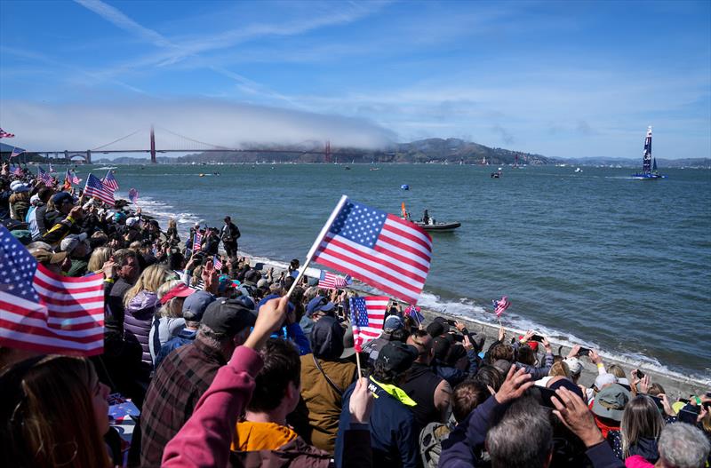 Packed shorelines on sun-drenched San Francisco Bay witness the action from the opening day of the Mubadala United States Sail Grand Prix - photo © Adam Warner for SailGP