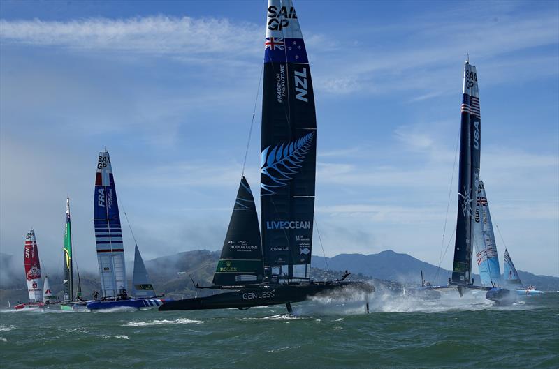 New Zealand SailGP Team co-helmed by Peter Burling and Blair Tuke in action on Race Day 1 of San Francisco SailGP, Season 2 photo copyright Jed Jacobsohn for SailGP taken at  and featuring the F50 class