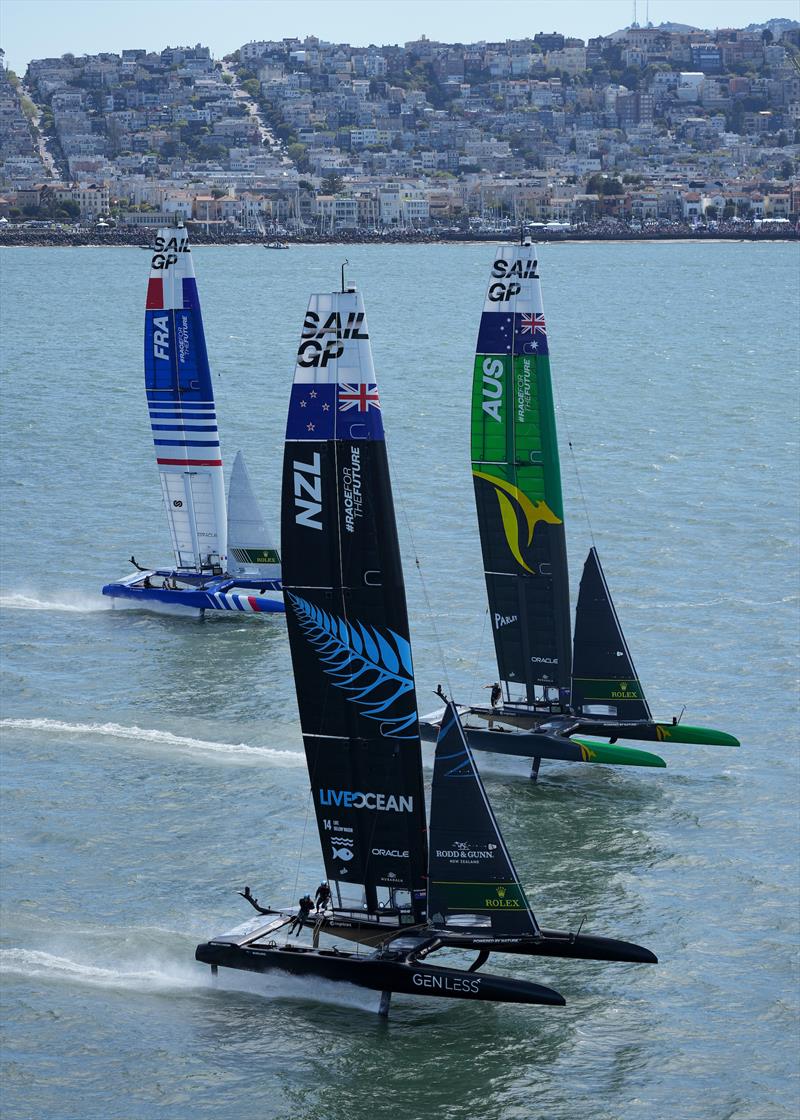 France SailGP Team helmed by Quentin Delapierre, New Zealand SailGP Team co-helmed by Peter Burling and Blair Tuke, and Australia SailGP Team helmed by Tom Slingsby in action on Race Day 1 of San Francisco SailGP, Season 2 photo copyright Bob Martin for SailGP taken at  and featuring the F50 class