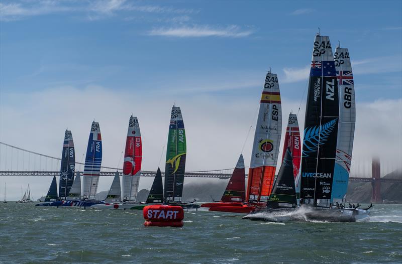 The fleet cross the start line on Race Day 1of the San Francisco SailGP, Season 2 photo copyright Ricardo Pinto for SailGP taken at  and featuring the F50 class