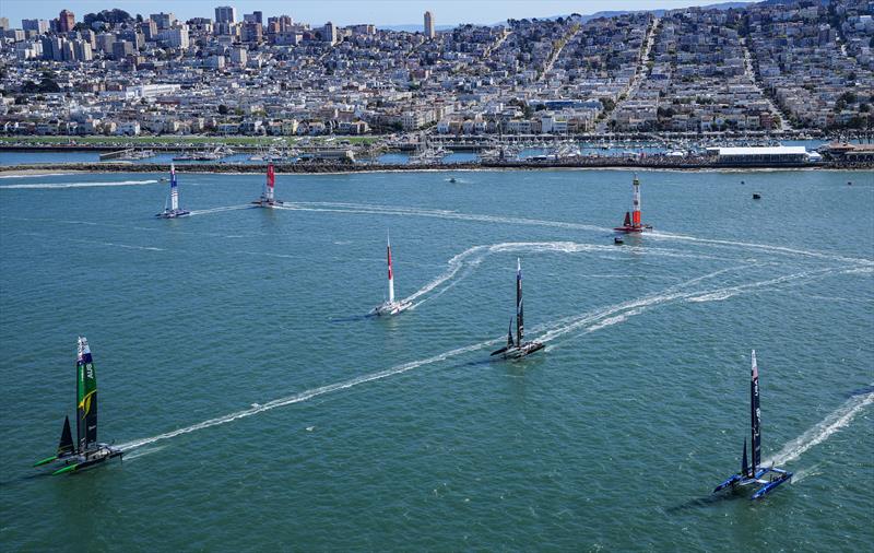 The SailGP F50 catamaran fleet in action on Race Day 1 of San Francisco SailGP, Season 2 photo copyright Bob Martin for SailGP taken at  and featuring the F50 class