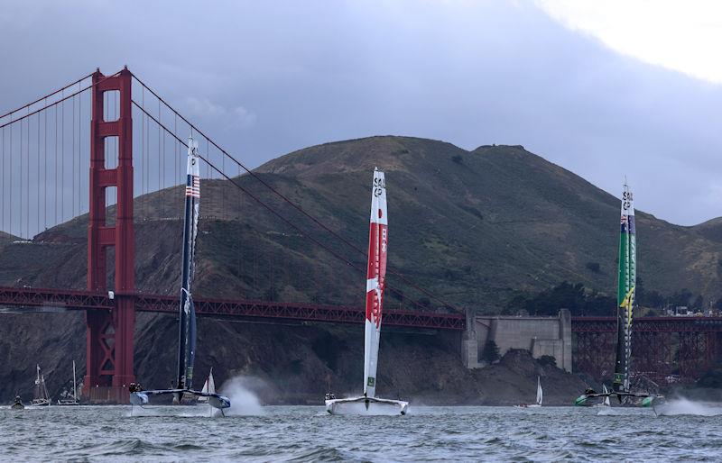 USA SailGP Team helmed by Jimmy Spithill and Japan SailGP Team helmed by Nathan Outterridge in action on Race Day 2 of San Francisco SailGP, Season 2 photo copyright Felix Diemer for SailGP taken at  and featuring the F50 class