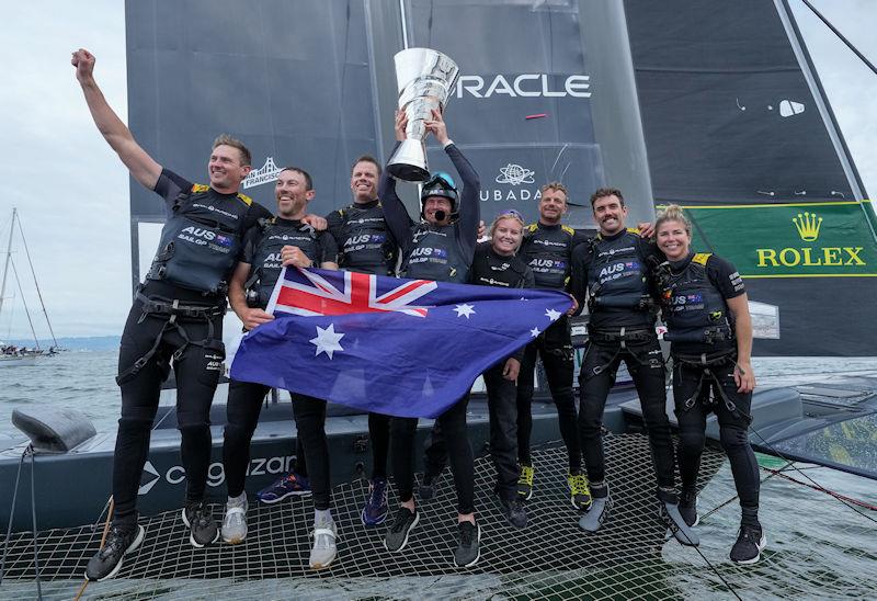 Australia SailGP Team helmed by Tom Slingsby celebrate their victory in the Grand Final on board their F50 on Race Day 2 of San Francisco SailGP, Season 2 photo copyright Thomas Lovelock for SailGP taken at  and featuring the F50 class