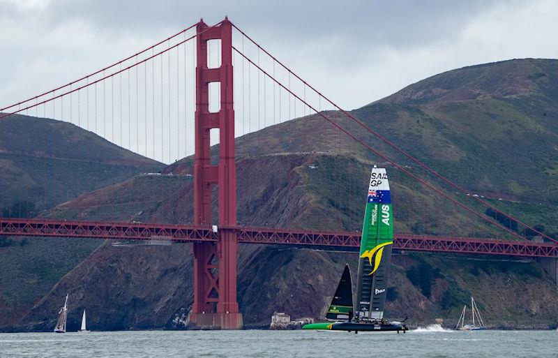 Australia SailGP Team helmed by Tom Slingsby race past the Golden Gate Bridge in the Grand Final on Race Day 2 of San Francisco SailGP, Season 2 photo copyright Thomas Lovelock for SailGP taken at  and featuring the F50 class