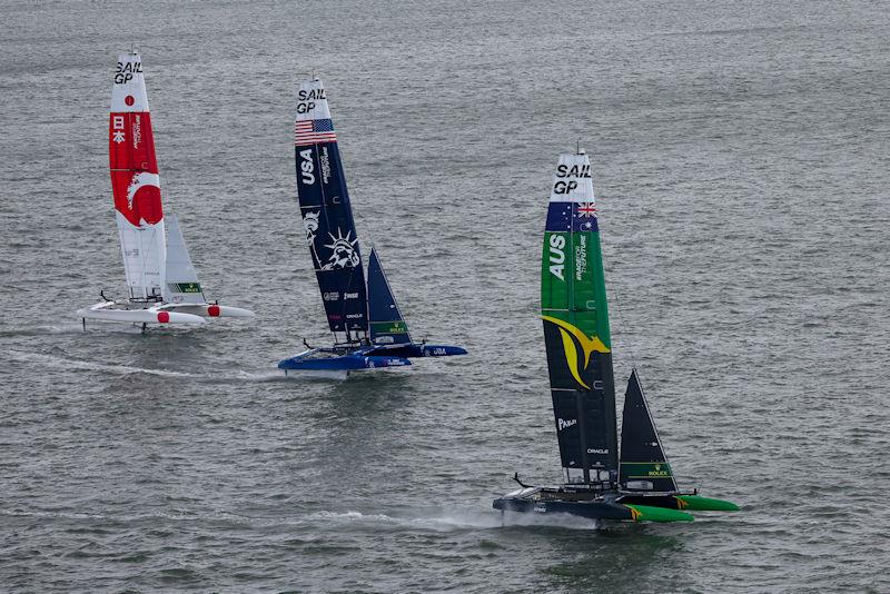 Japan SailGP Team helmed by Nathan Outterridge, USA SailGP Team helmed by Jimmy Spithill and Australia SailGP Team helmed by Tom Slingsby compete for the title on Race Day 2 of San Francisco SailGP, Season 2 photo copyright Simon Bruty for SailGP taken at  and featuring the F50 class