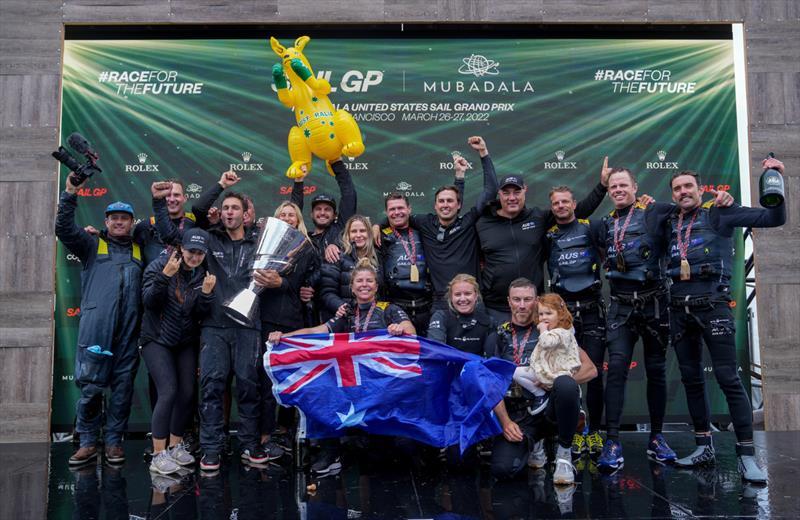 The Australia SailGP Team with the Championship Trophy following their win in the Grand Final on Race Day 2 of San Francisco SailGP, Season 2 in San Francisco, USA photo copyright Bob Martin/SailGP taken at Golden Gate Yacht Club and featuring the F50 class