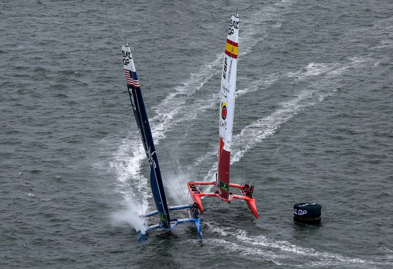 USA SailGP Team helmed by Jimmy Spithill and Spain SailGP Team co-helmed by Florian Trittel and Jordi Xammar collide on Race Day 2 of San Francisco SailGP, Season 2  photo copyright Simon Bruty/SailGP taken at Golden Gate Yacht Club and featuring the F50 class