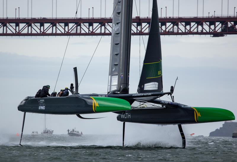 Australia SailGP Team helmed by Tom Slingsby sails past the Golden Gate Bridge on Race Day 2 of San Francisco SailGP, Season 2 - photo © Felix Diemer /SailGP