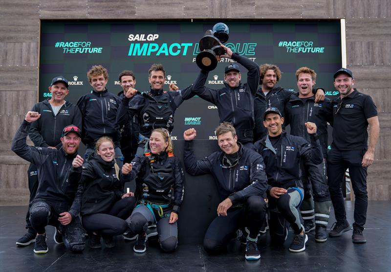 New Zealand SailGP Team co-helmed by Peter Burling and Blair Tuke at the presentation of the Impact League Trophy on Race Day 2 of San Francisco SailGP photo copyright Bob Martin/SailGP taken at Golden Gate Yacht Club and featuring the F50 class