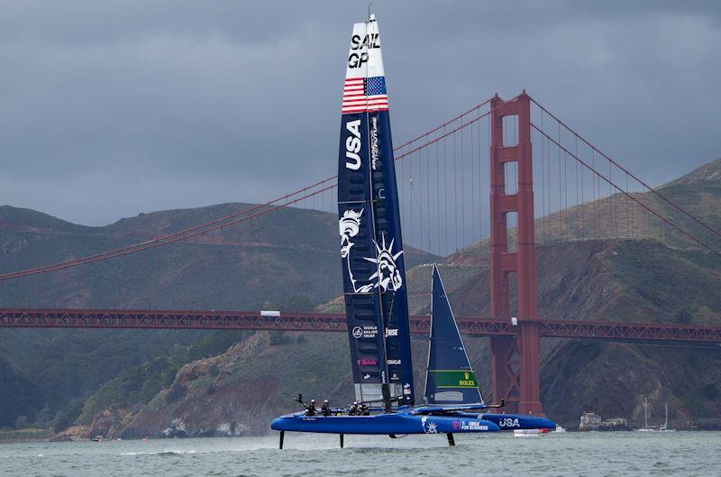 USA SailGP Team helmed by Jimmy Spithill makes a practice run with the Golden Gate Bridge in the background on Race Day 2 of San Francisco SailGP, Season 2 photo copyright Thomas Lovelock for SailGP taken at Golden Gate Yacht Club and featuring the F50 class