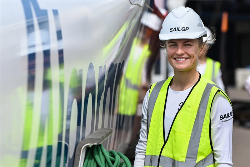 Georgia Lewin-LaFrance of Canada SailGP Team assists with the roll out of the Canada SailGP Team F50 catamaran at the Technical Base ahead of Bermuda SailGP, Season 3 in Bermuda. May 2022 - photo © Ricardo Pinto/SailGP